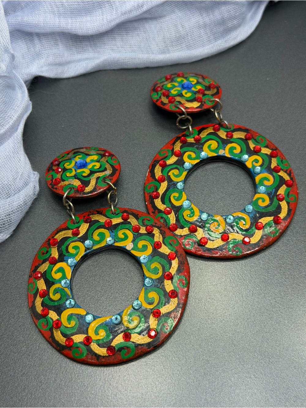 🔥🔥Vintage Hand-Painted Multicolor Clip Drop Earrings #359ue